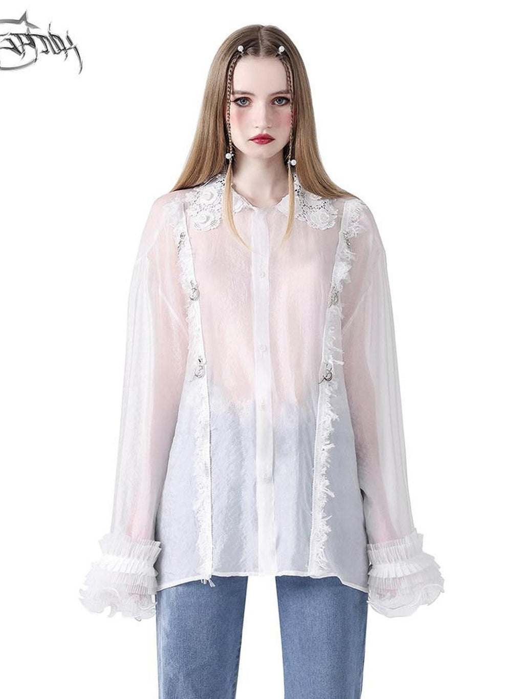 PINKSPINK Fairy Pearl Lace Hand Distressed Plaid Women's Sheer Silk Sheer Shirts