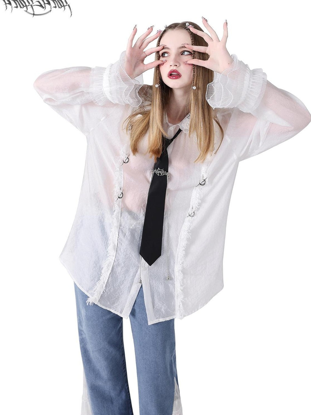 PINKSPINK Fairy Pearl Lace Hand Distressed Plaid Women's Sheer Silk Sheer Shirts