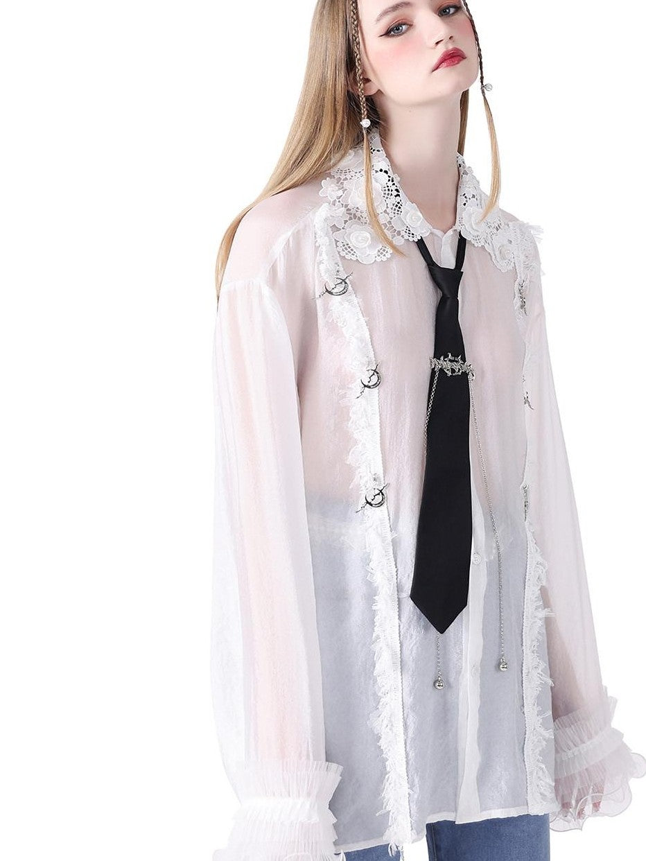 PINKSPINK Fairy Pearl Lace Hand Distressed Plaid Women's Sheer Silk Sheer Shirts