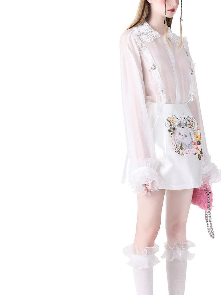 PINKSPINK Fairy Pearl Lace Hand Distressed Plaid Women's Sheer Silk Sheer Shirts