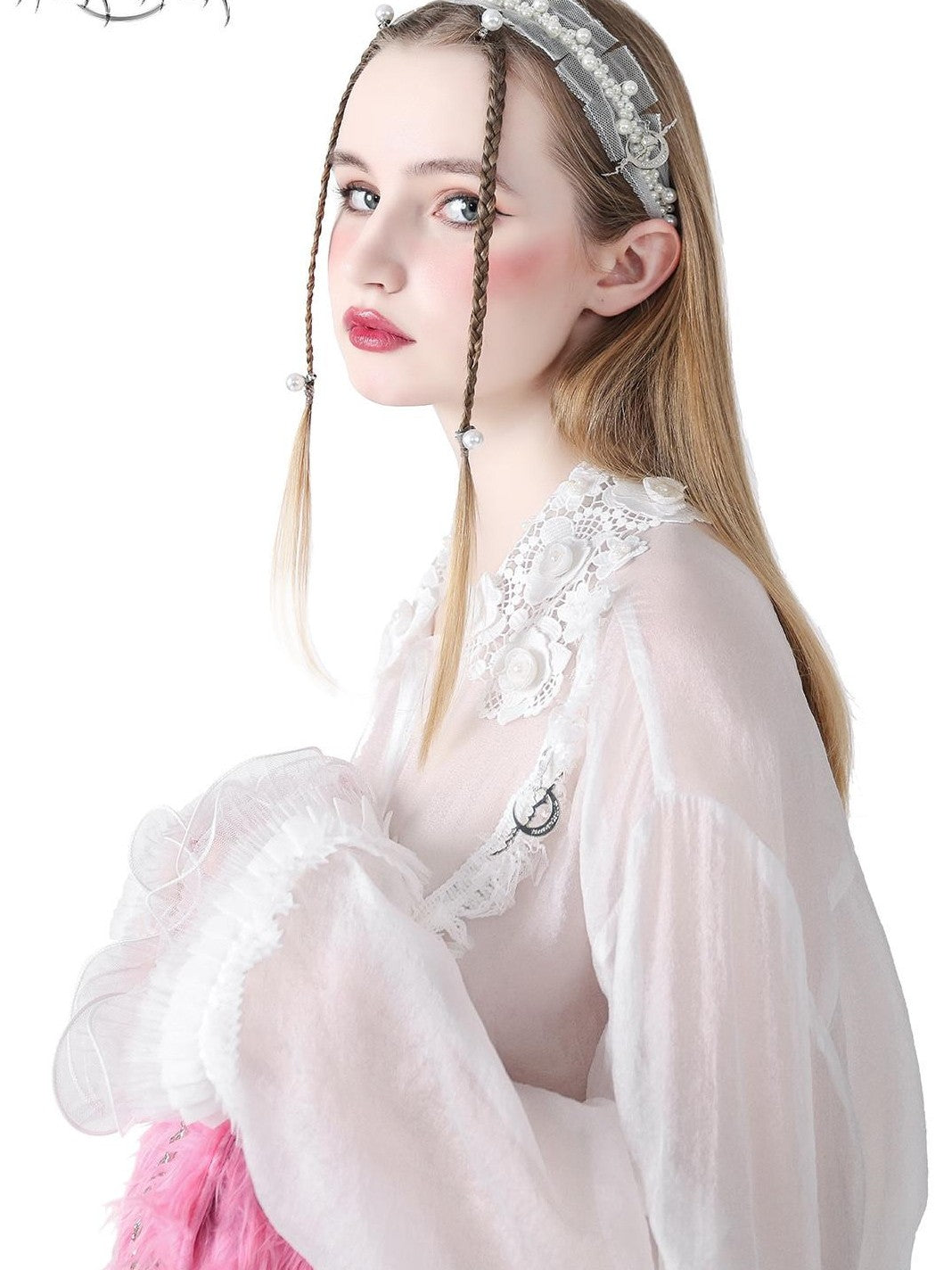 PINKSPINK Fairy Pearl Lace Hand Distressed Plaid Women's Sheer Silk Sheer Shirts