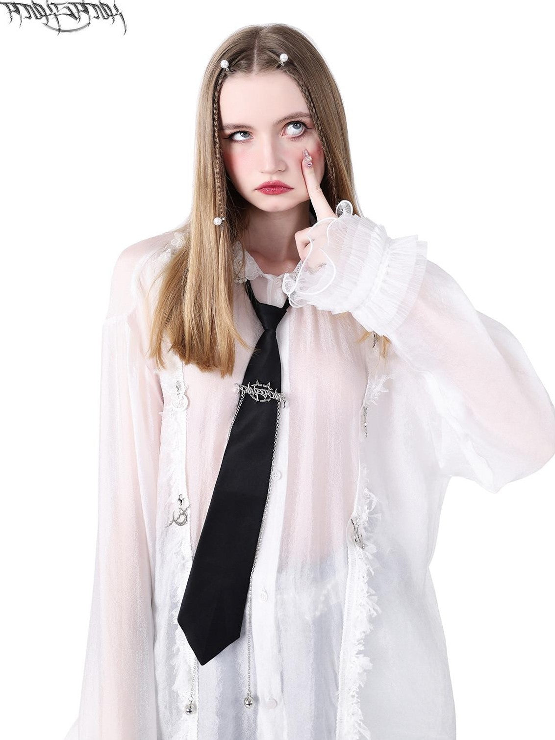 PINKSPINK Fairy Pearl Lace Hand Distressed Plaid Women's Sheer Silk Sheer Shirts