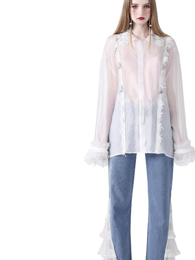 PINKSPINK Fairy Pearl Lace Hand Distressed Plaid Women's Sheer Silk Sheer Shirts