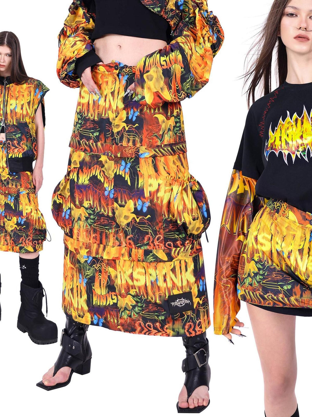 PINKSPINK Fire Cat Concept Zipper Split Punk Patchwork Women's Polyester A-line Skirts