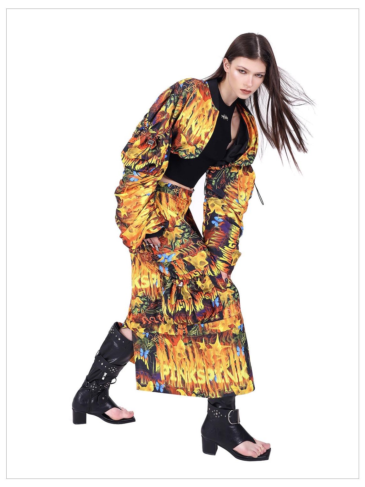 PINKSPINK Fire Cat Concept Zipper Split Punk Patchwork Women's Polyester A-line Skirts