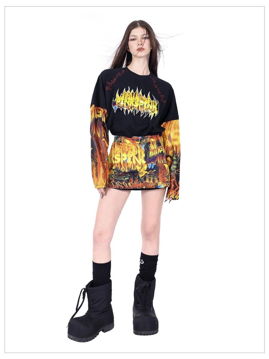 PINKSPINK Fire Cat Concept Zipper Split Punk Patchwork Women's Polyester A-line Skirts
