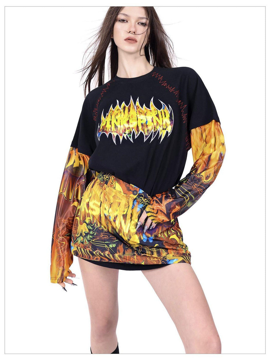 PINKSPINK Fire Cat Concept Zipper Split Punk Patchwork Women's Polyester A-line Skirts