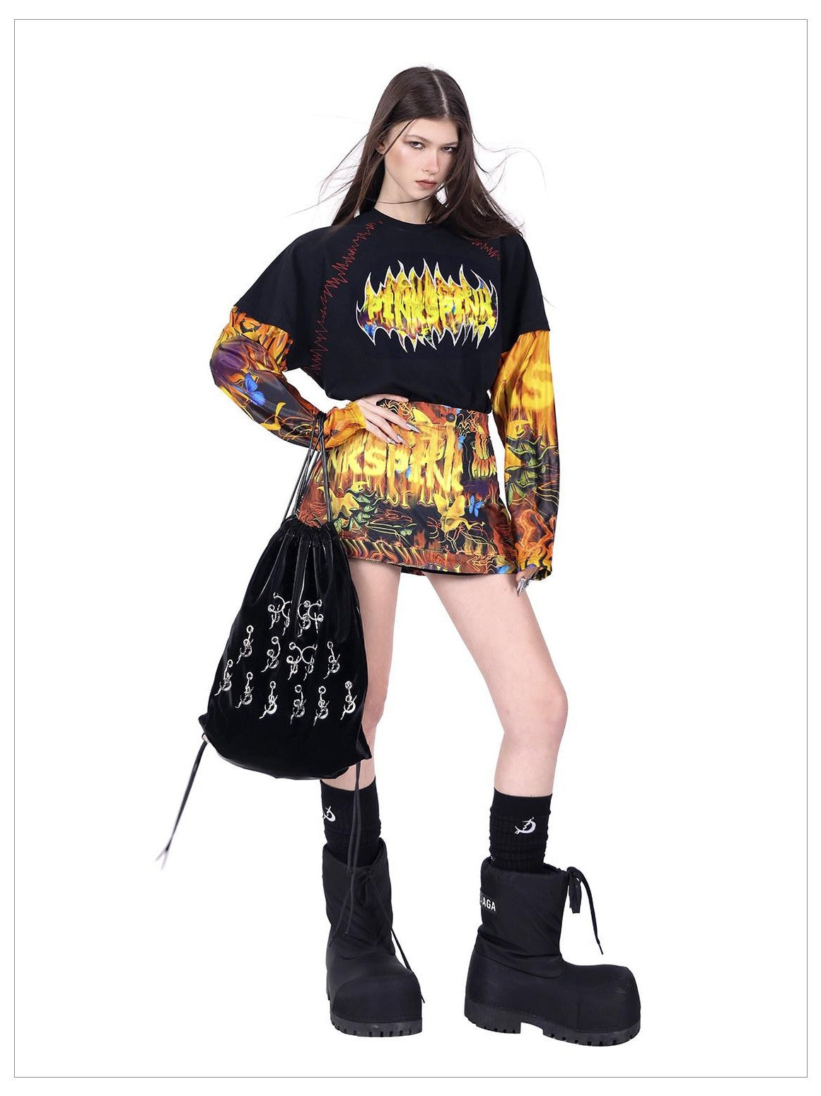 PINKSPINK Fire Cat Concept Zipper Split Punk Patchwork Women's Polyester A-line Skirts