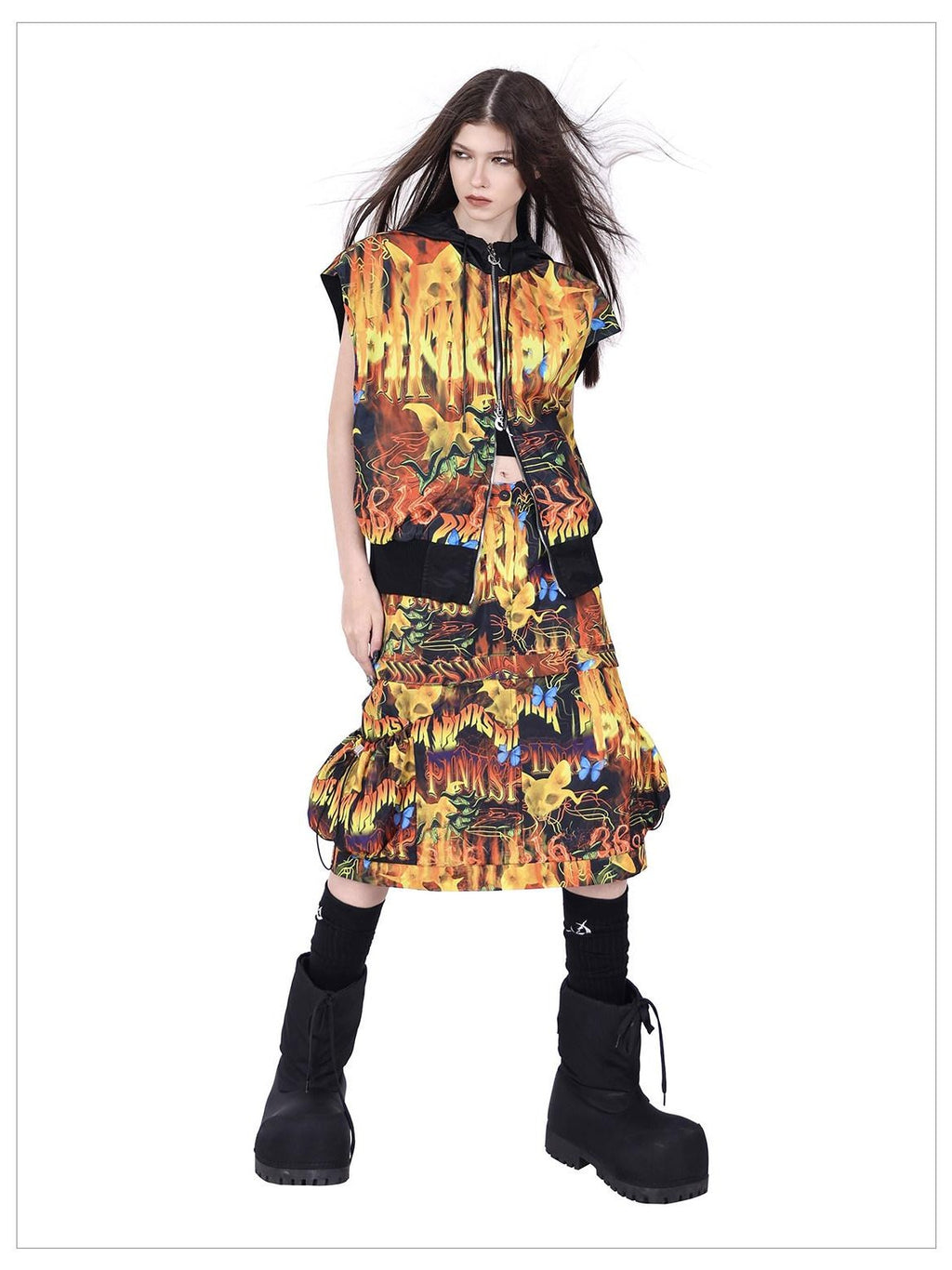 PINKSPINK Fire Cat Concept Zipper Split Punk Patchwork Women's Polyester A-line Skirts