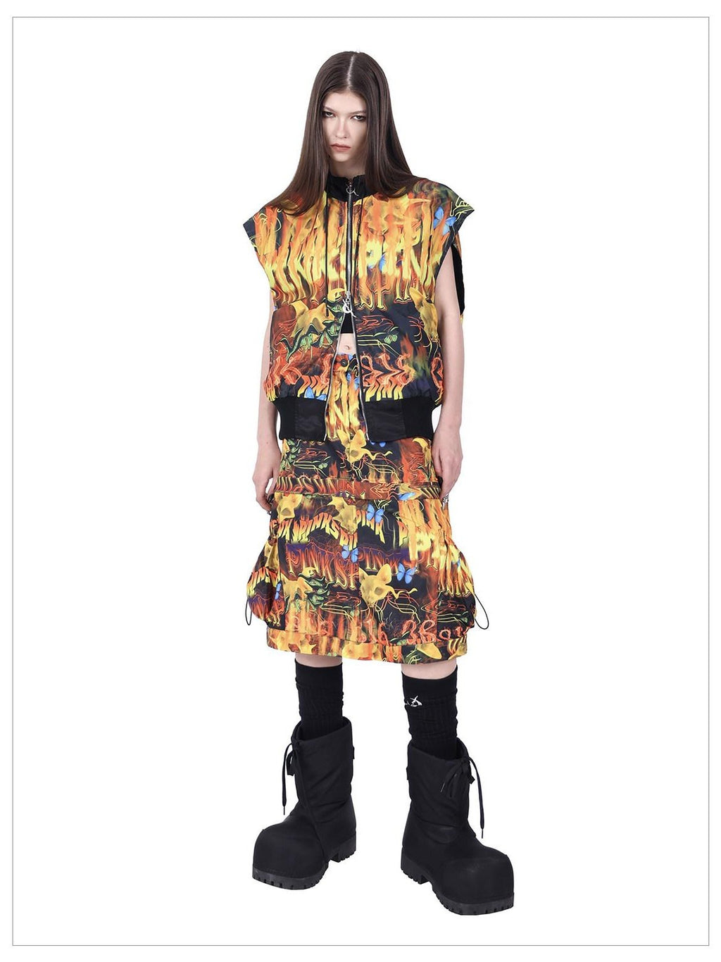 PINKSPINK Fire Cat Concept Zipper Split Punk Patchwork Women's Polyester A-line Skirts