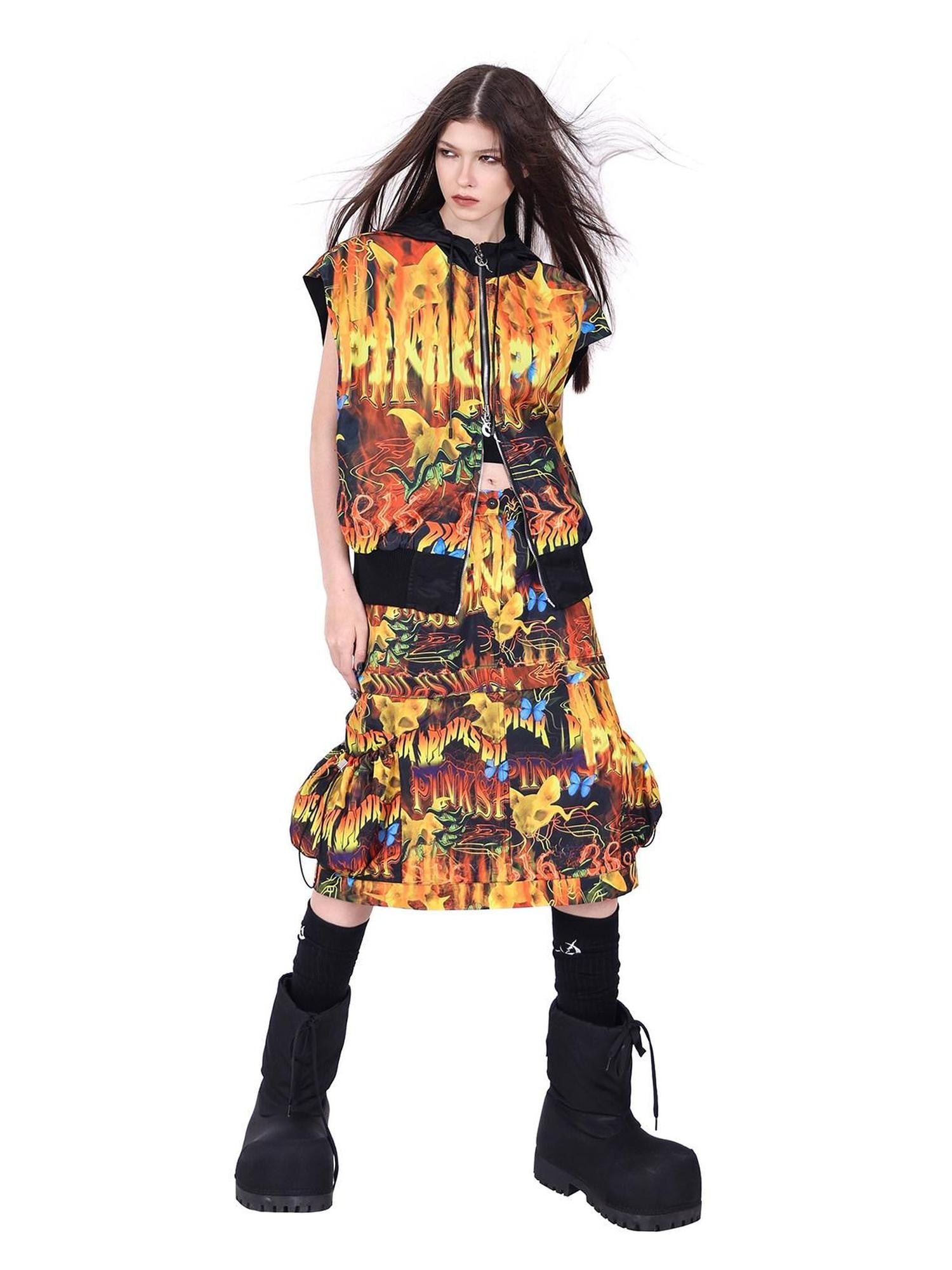 PINKSPINK Fire Cat Concept Zipper Split Punk Patchwork Women's Polyester A-line Skirts