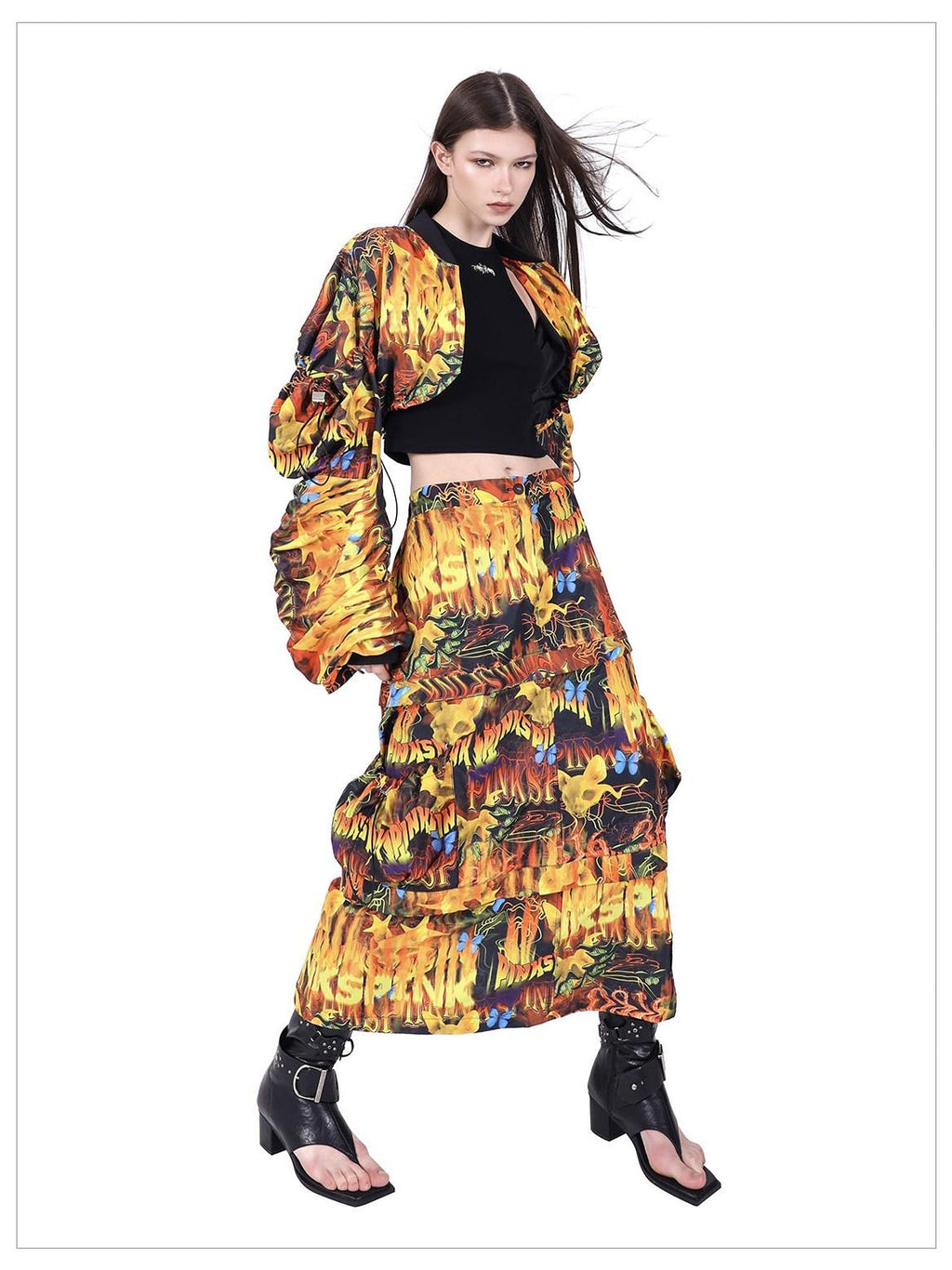 PINKSPINK Fire Cat Concept Zipper Split Punk Patchwork Women's Polyester A-line Skirts