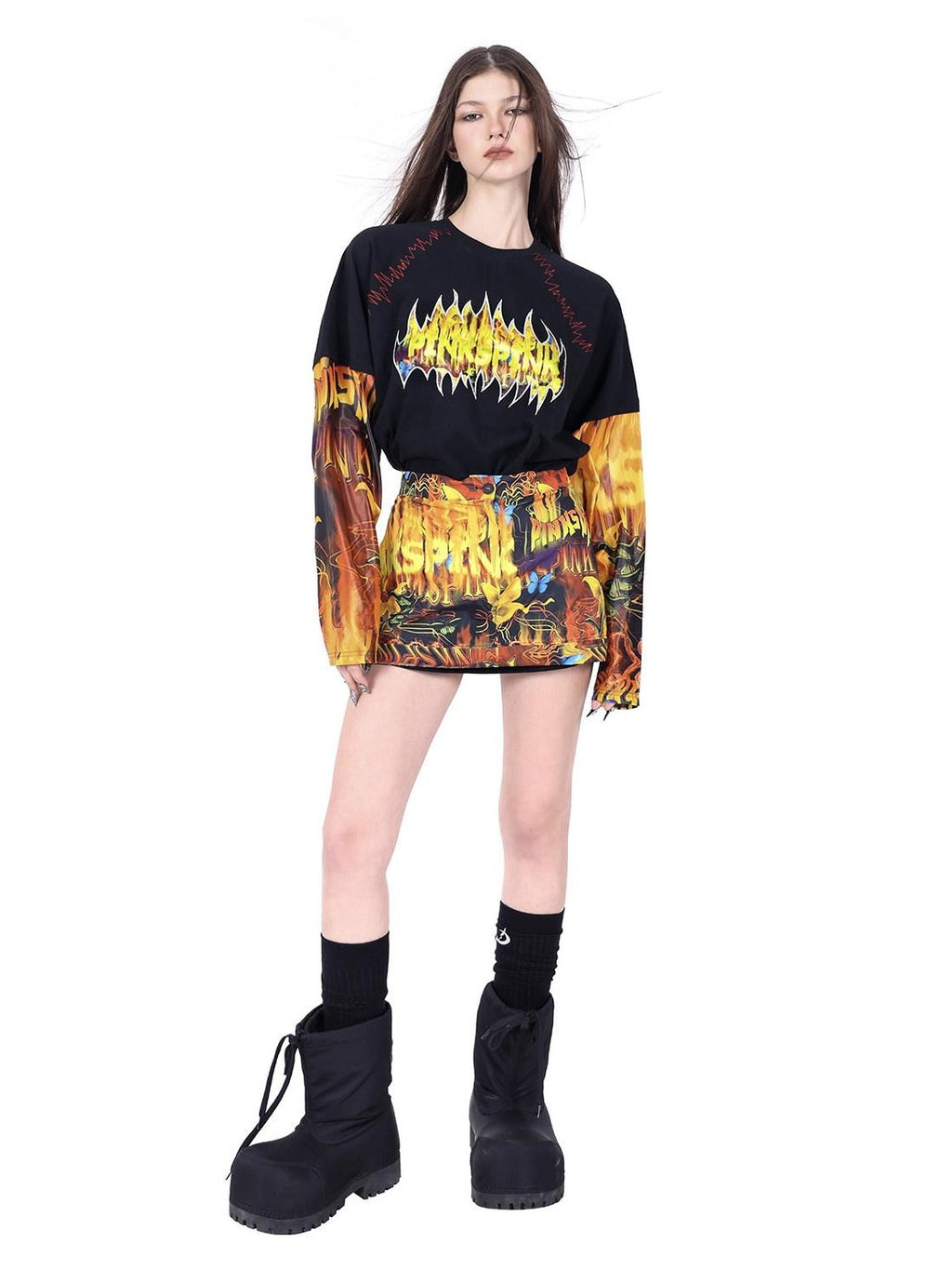 PINKSPINK Firecat Punk Patchwork Zipper Split Pockets Women's Polyester A-line Skirts