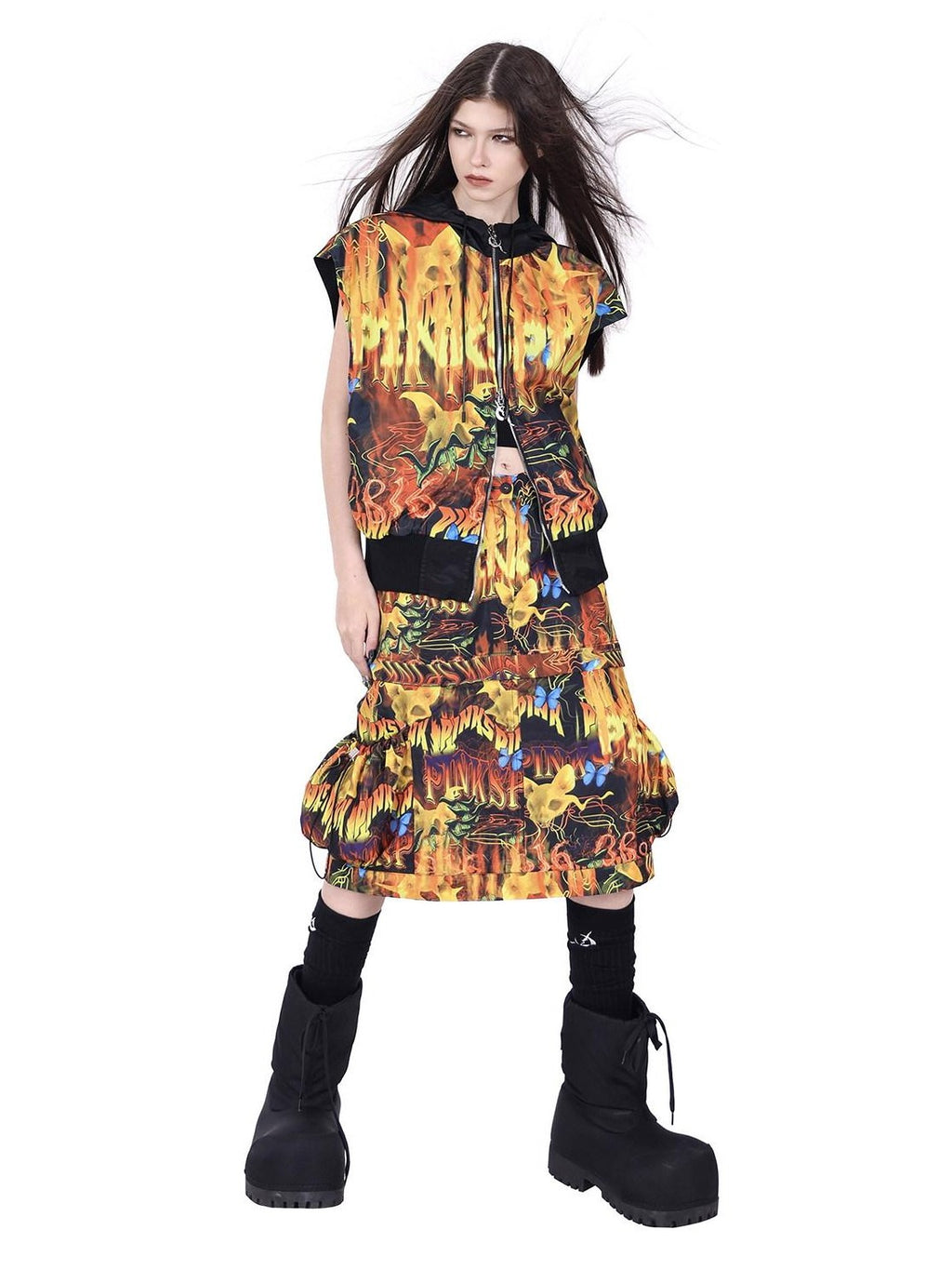 PINKSPINK Firecat Punk Patchwork Zipper Split Pockets Women's Polyester A-line Skirts