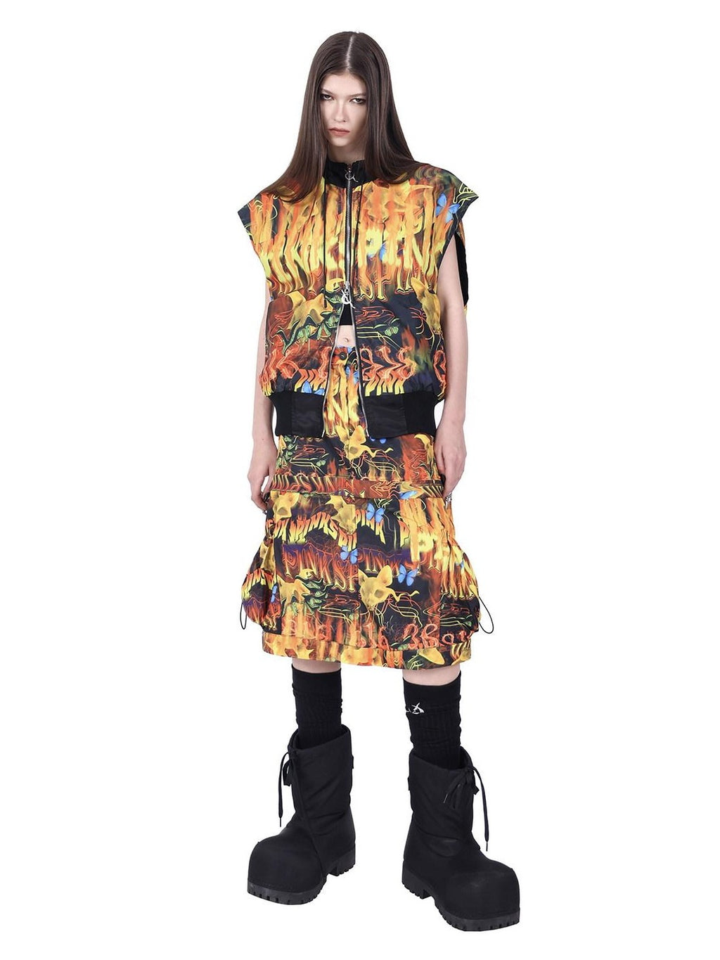 PINKSPINK Firecat Punk Patchwork Zipper Split Pockets Women's Polyester A-line Skirts