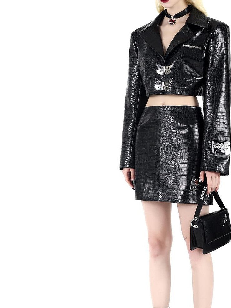 PINKSPINK Flame Buckle Cropped Biker Bodycon Women's Leather Matching Skirt Sets
