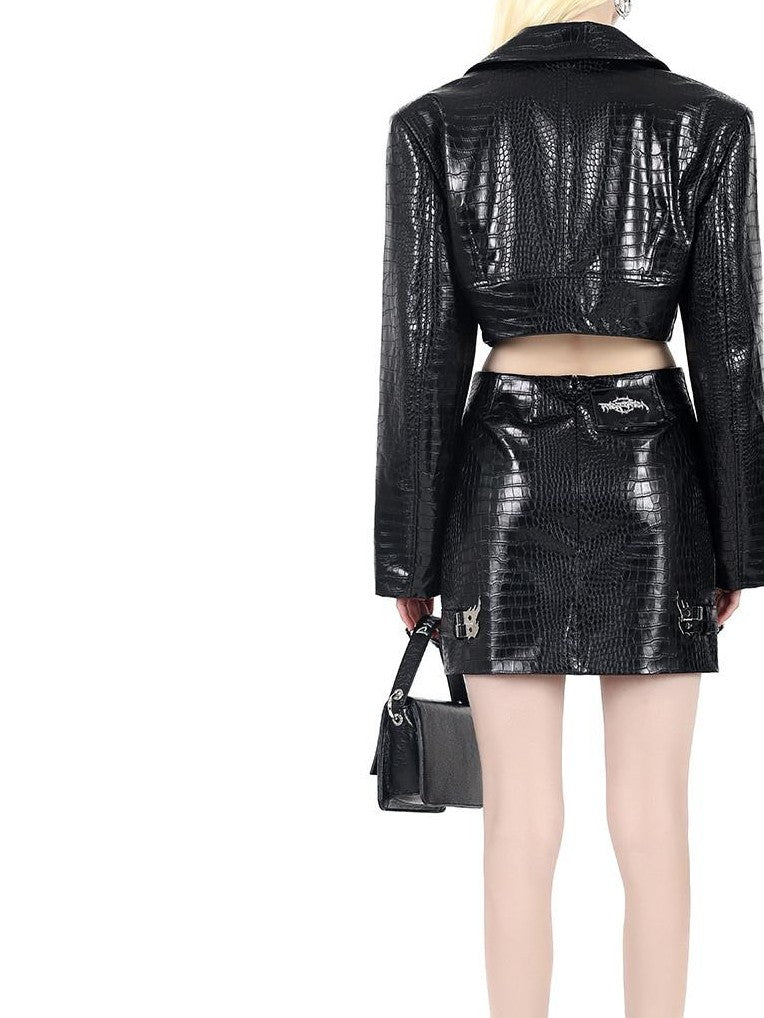 PINKSPINK Flame Buckle Cropped Biker Bodycon Women's Leather Matching Skirt Sets