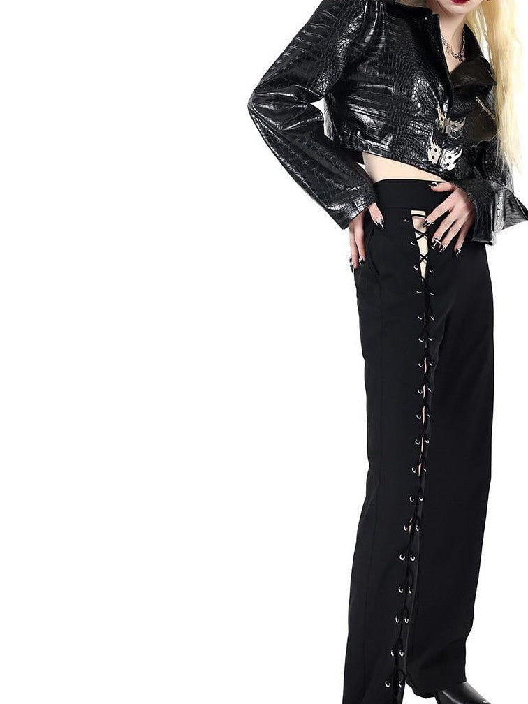 PINKSPINK Flame Buckle Cropped Biker Bodycon Women's Leather Matching Skirt Sets