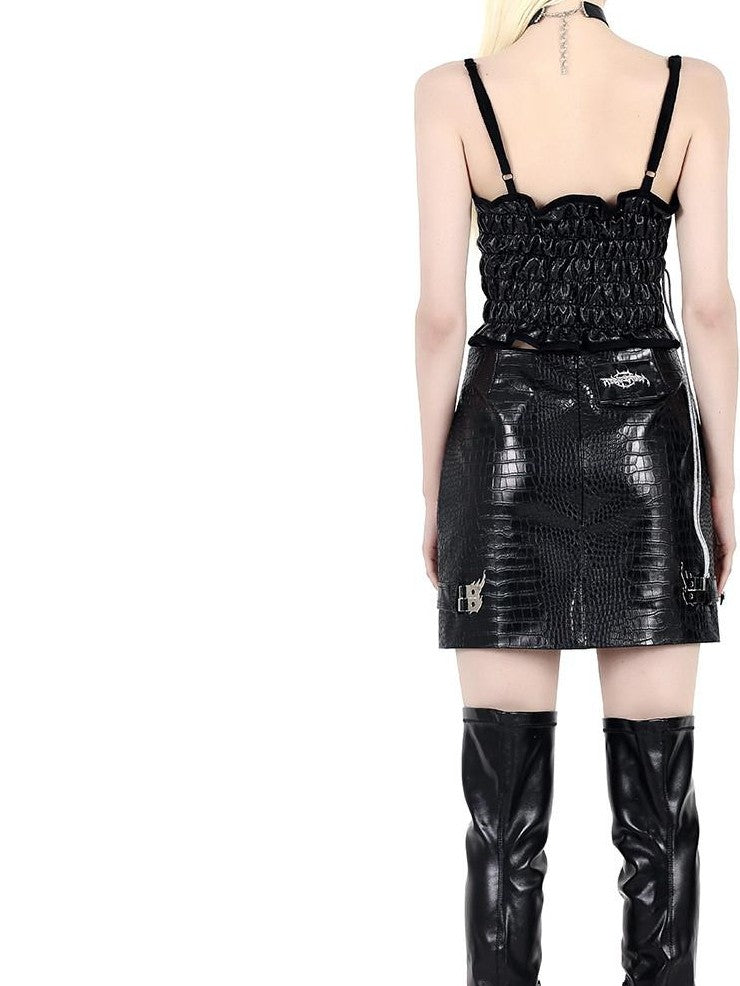 PINKSPINK Flame Buckle Cropped Biker Bodycon Women's Leather Matching Skirt Sets