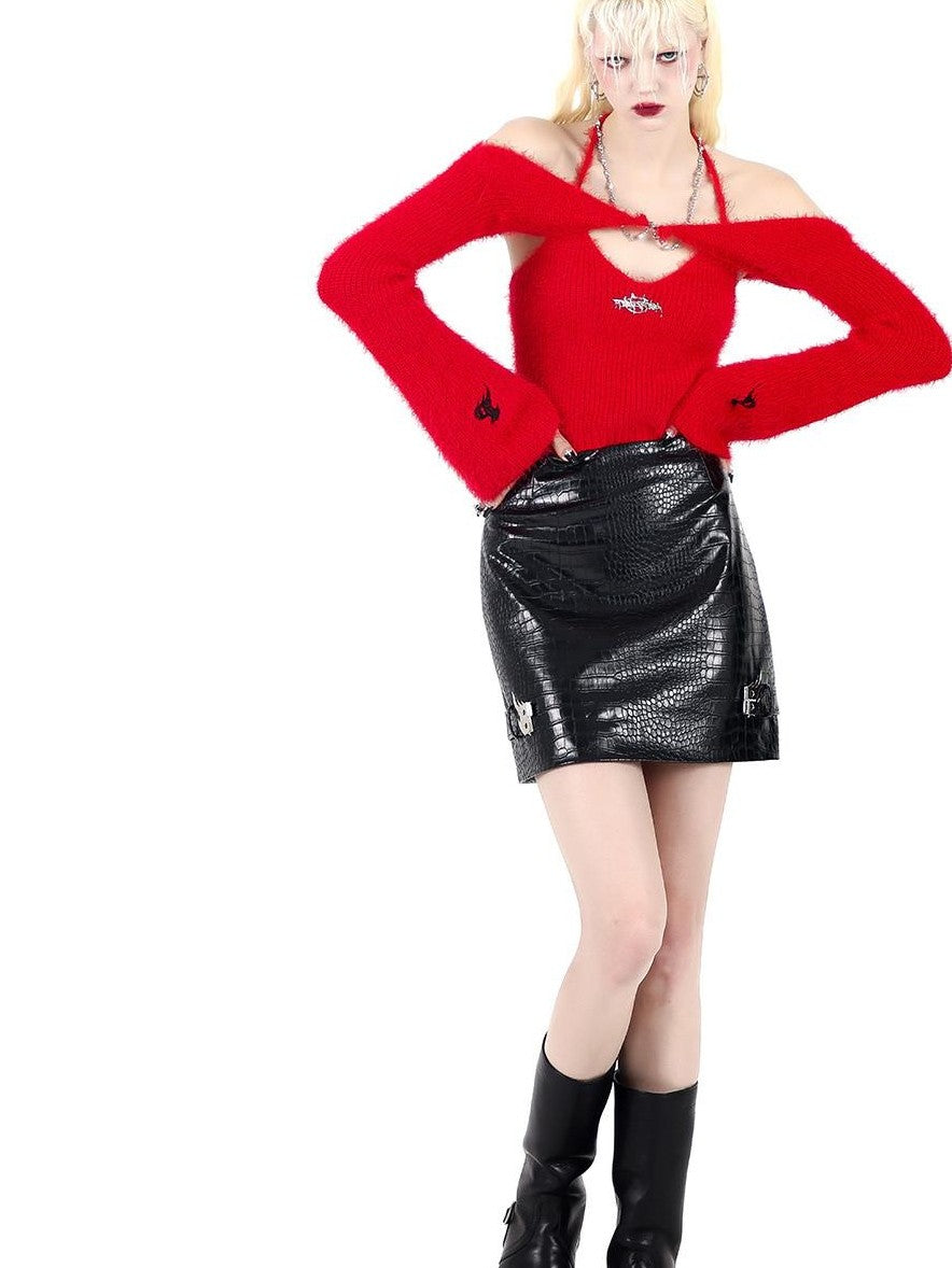 PINKSPINK Flame Buckle Cropped Biker Bodycon Women's Leather Matching Skirt Sets