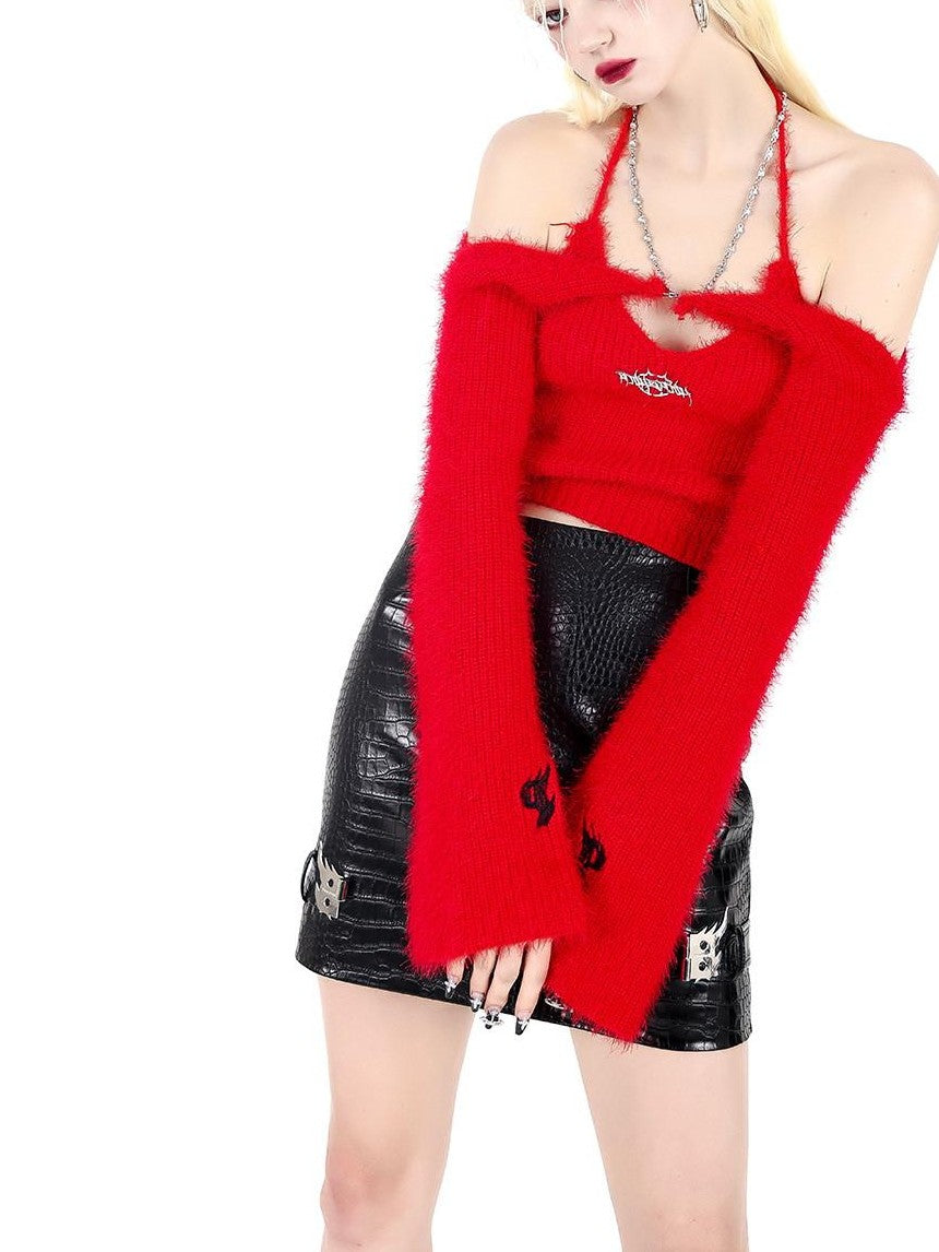 PINKSPINK Flame Buckle Cropped Biker Bodycon Women's Leather Matching Skirt Sets