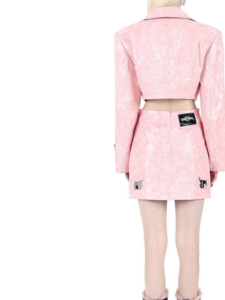 PINKSPINK Flame Buckle Cropped Biker Bodycon Women's Leather Matching Skirt Sets