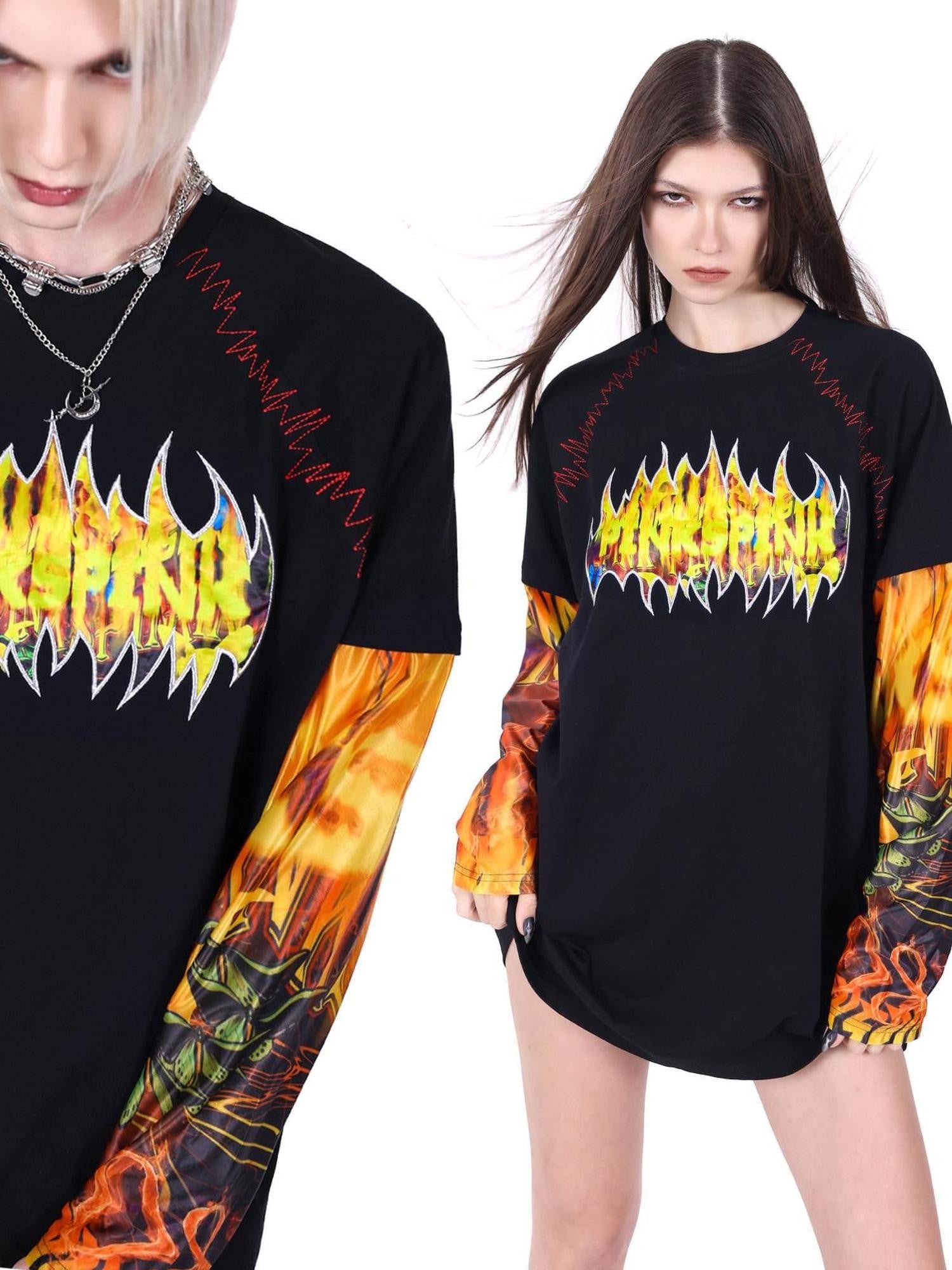 PINKSPINK Flame Cat 3d Embroidered Sequin Patchwork Asymmetric Women's Long Sleeve T-shirts