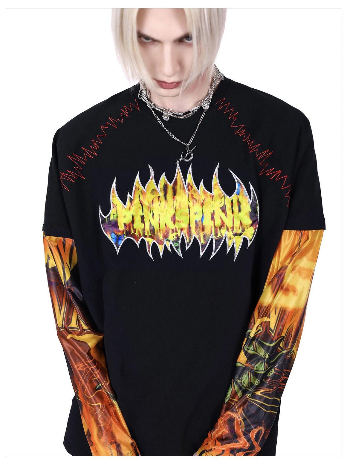 PINKSPINK Flame Cat 3d Embroidered Sequin Patchwork Asymmetric Women's Long Sleeve T-shirts
