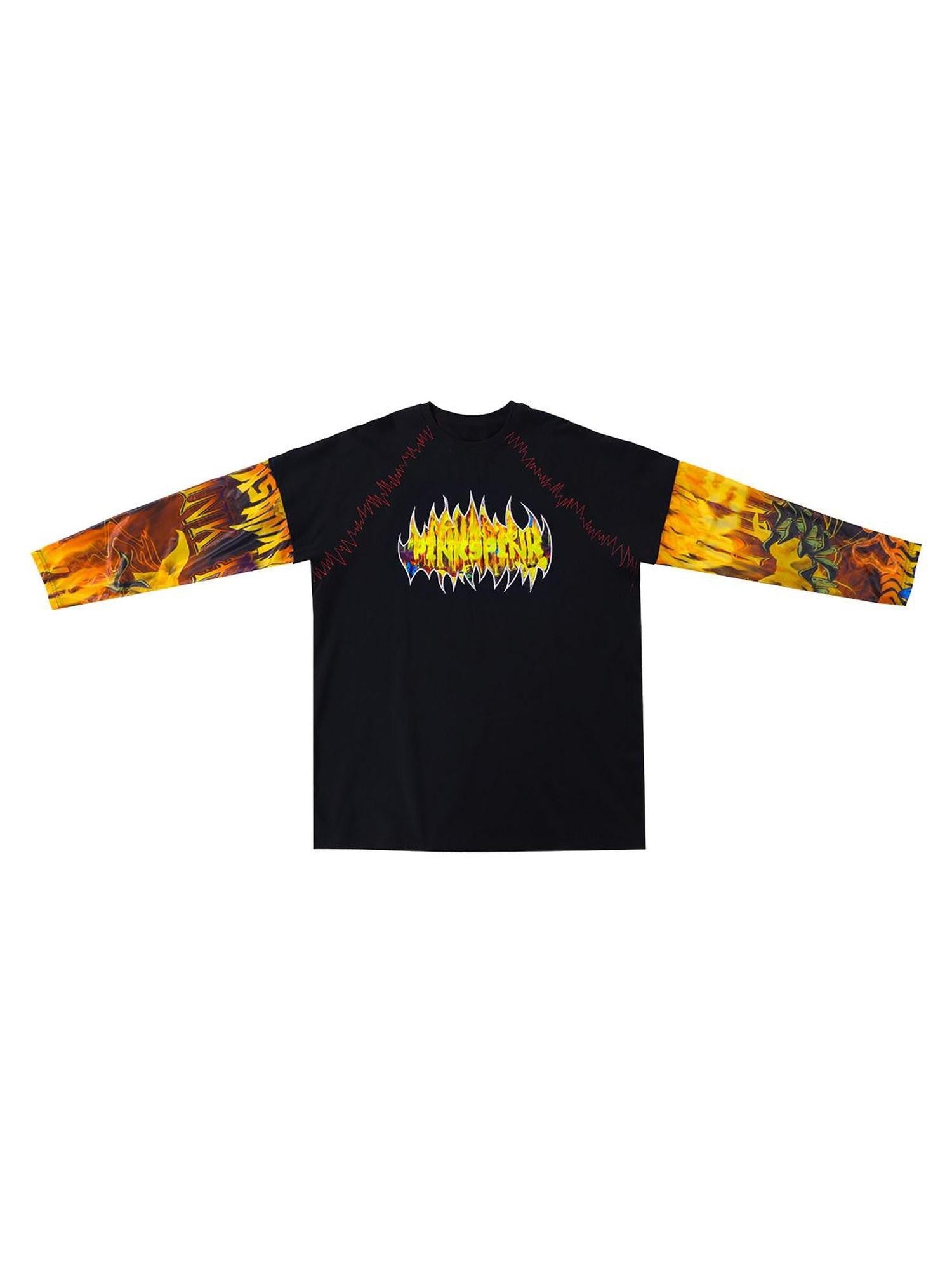 PINKSPINK Flame Cat 3d Embroidered Sequin Patchwork Asymmetric Women's Long Sleeve T-shirts