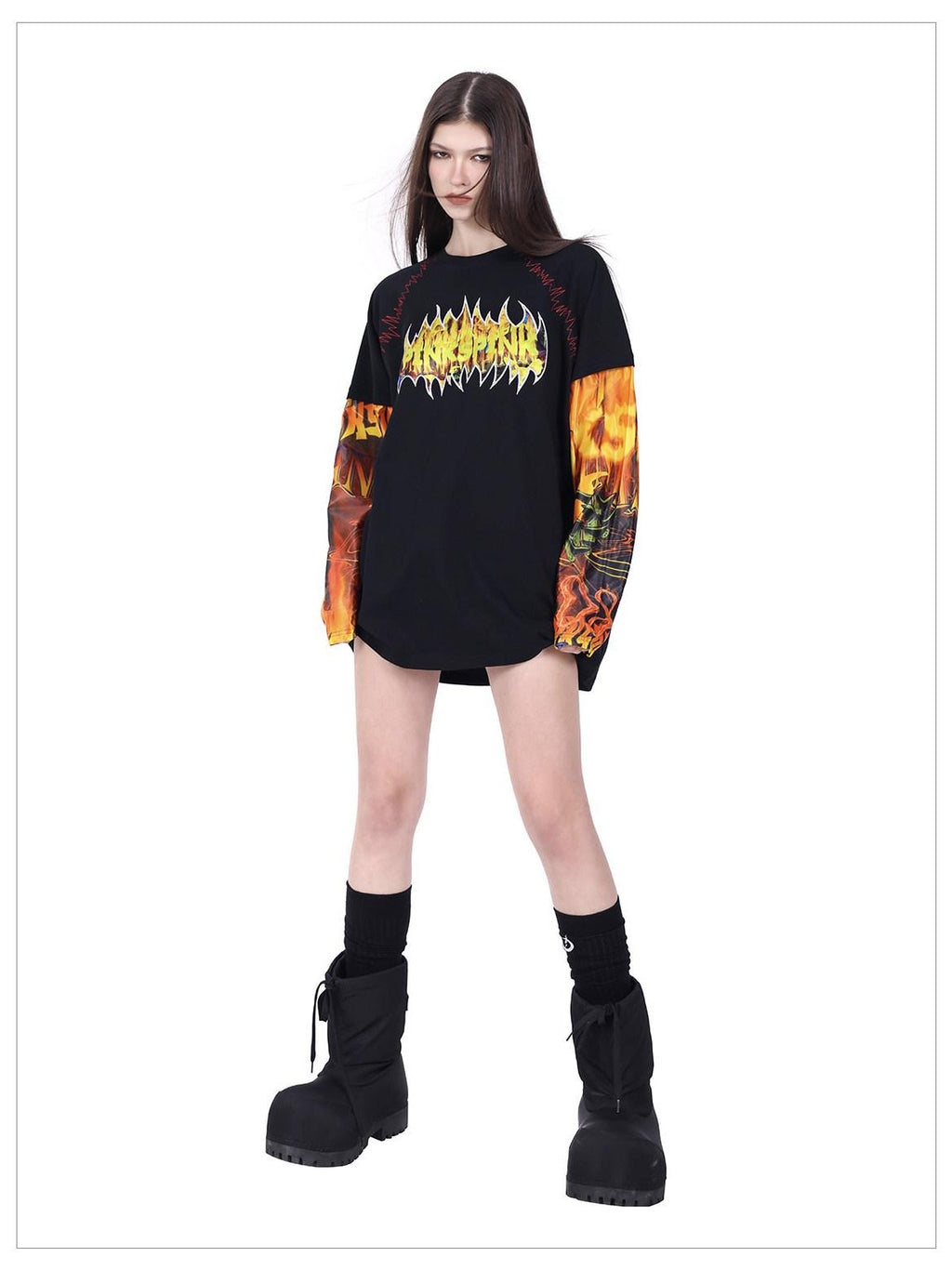 PINKSPINK Flame Cat 3d Embroidered Sequin Patchwork Asymmetric Women's Long Sleeve T-shirts