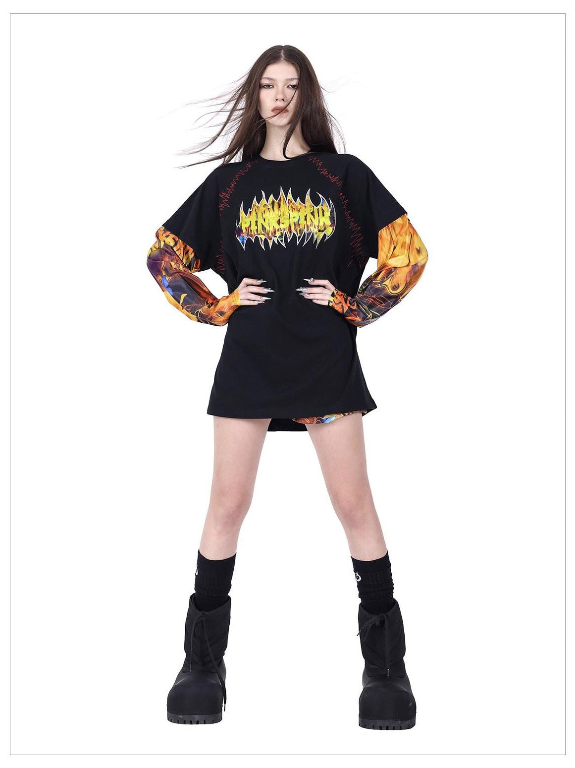 PINKSPINK Flame Cat 3d Embroidered Sequin Patchwork Asymmetric Women's Long Sleeve T-shirts