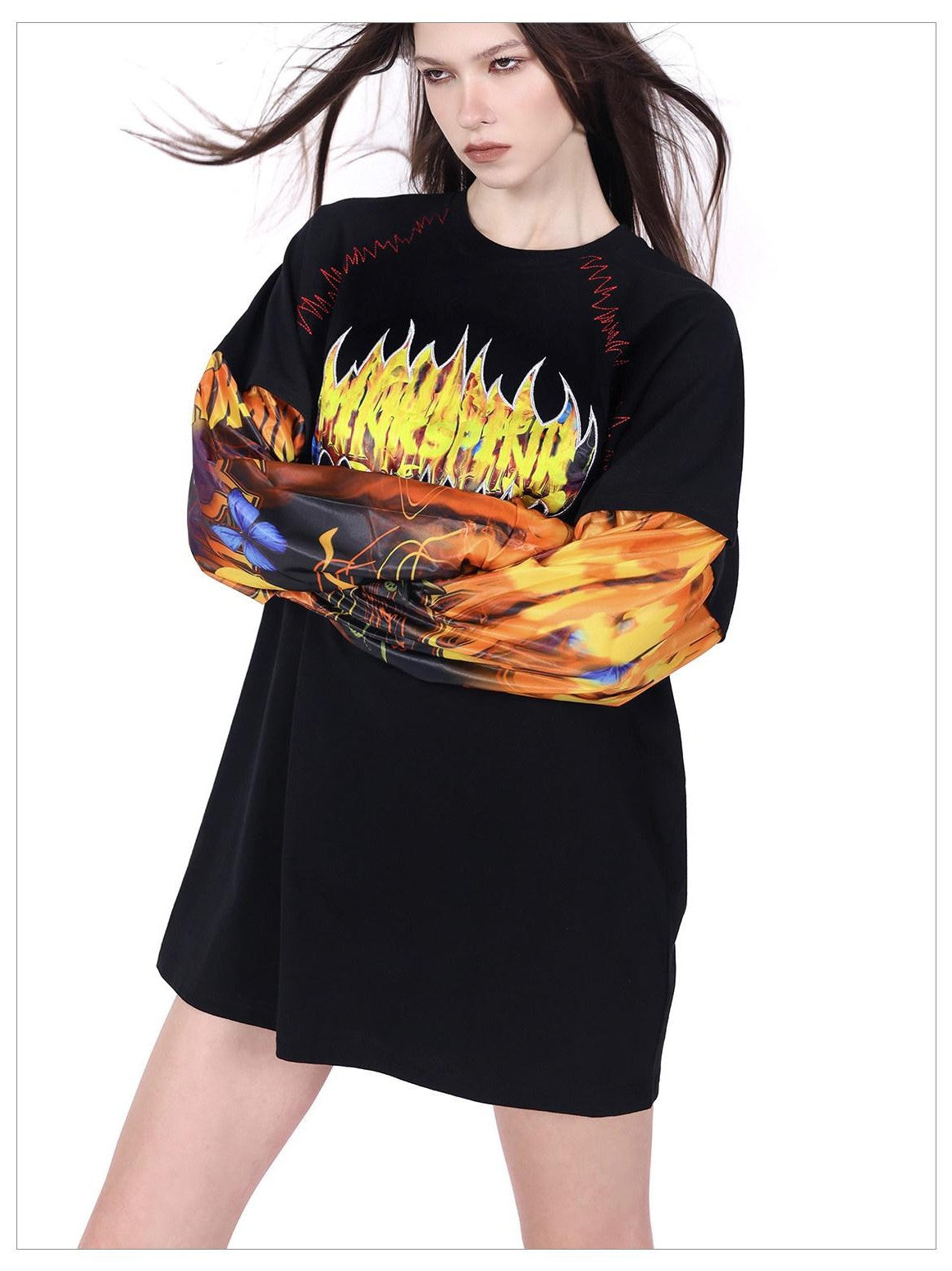 PINKSPINK Flame Cat 3d Embroidered Sequin Patchwork Asymmetric Women's Long Sleeve T-shirts