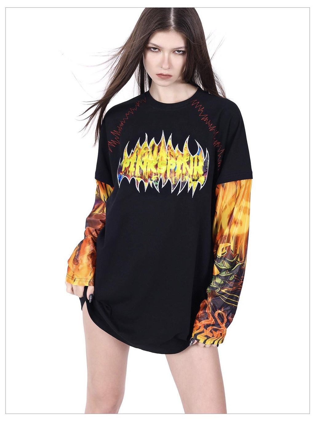 PINKSPINK Flame Cat 3d Embroidered Sequin Patchwork Asymmetric Women's Long Sleeve T-shirts