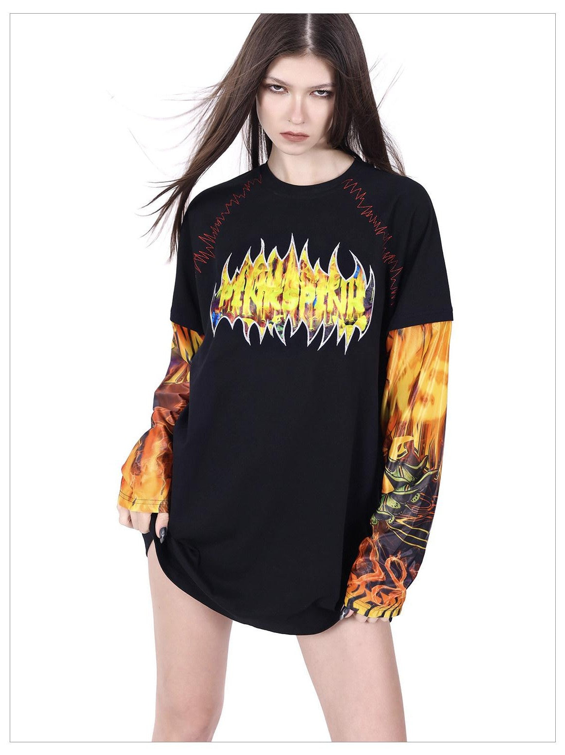 PINKSPINK Flame Cat 3d Embroidered Sequin Patchwork Asymmetric Women's Long Sleeve T-shirts