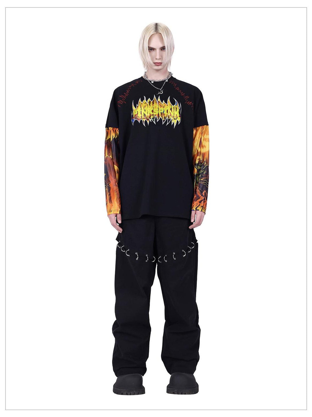 PINKSPINK Flame Cat 3d Embroidered Sequin Patchwork Asymmetric Women's Long Sleeve T-shirts