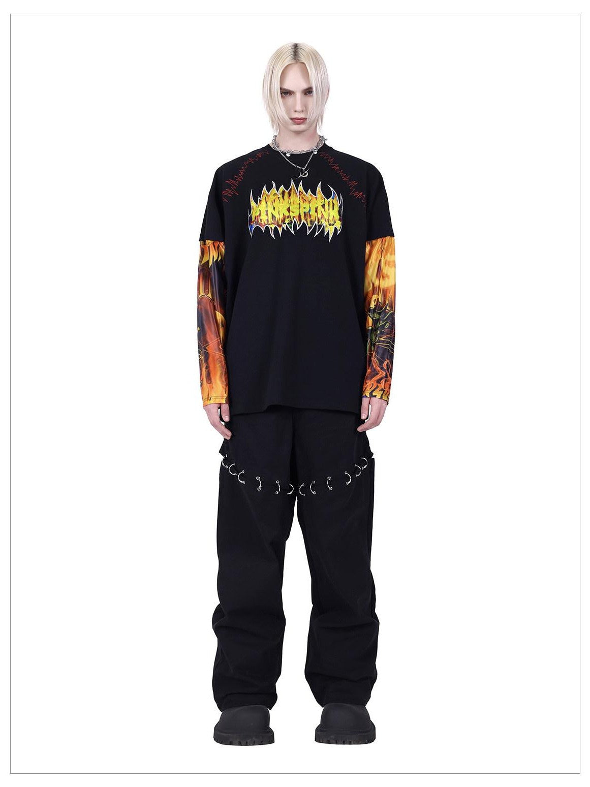 PINKSPINK Flame Cat 3d Embroidered Sequin Patchwork Asymmetric Women's Long Sleeve T-shirts