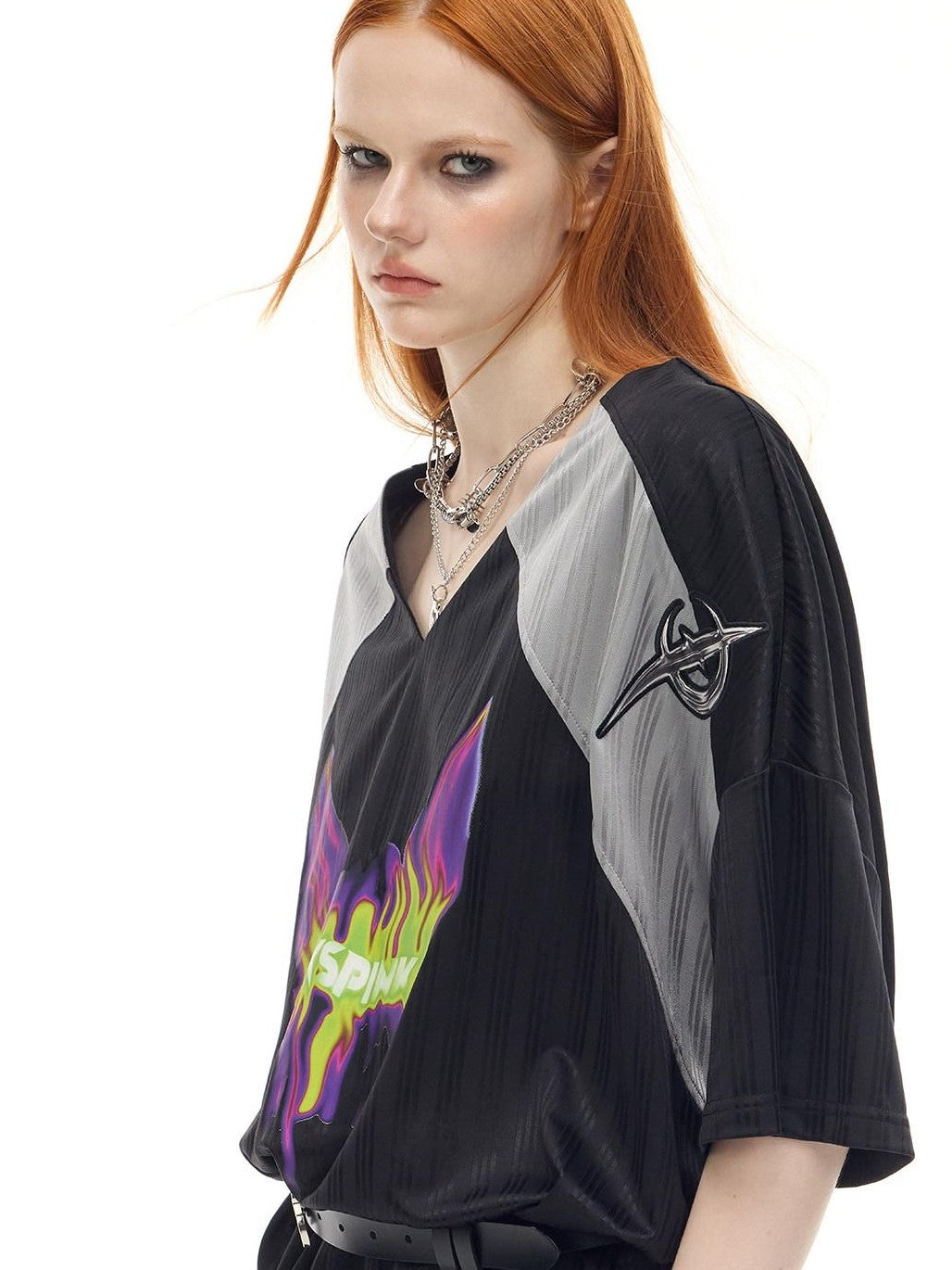 PINKSPINK Flame Cat Embroidered Punk Patch V-neck Women's Oversized T-shirts