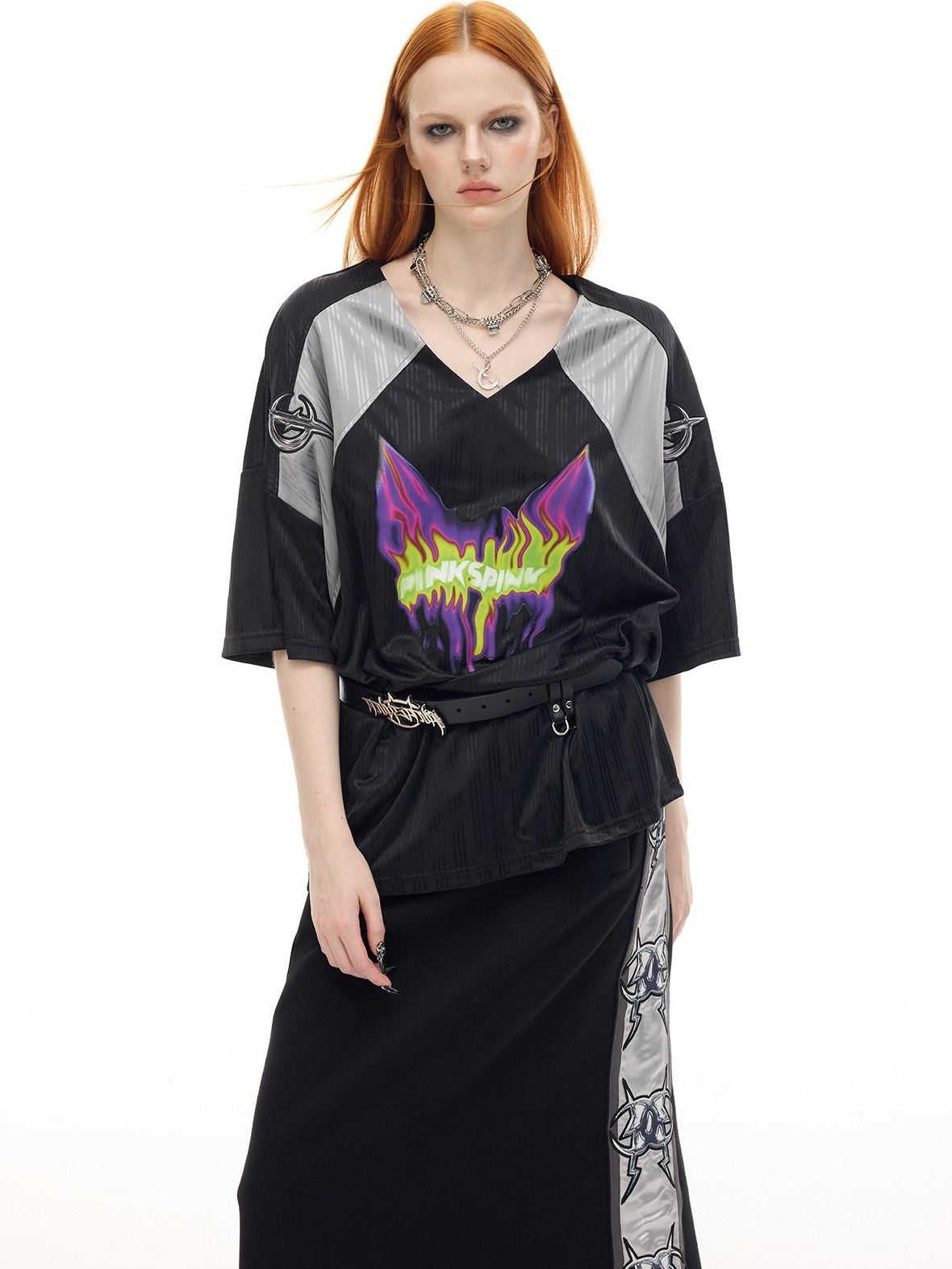 PINKSPINK Flame Cat Embroidered Punk Patch V-neck Women's Oversized T-shirts