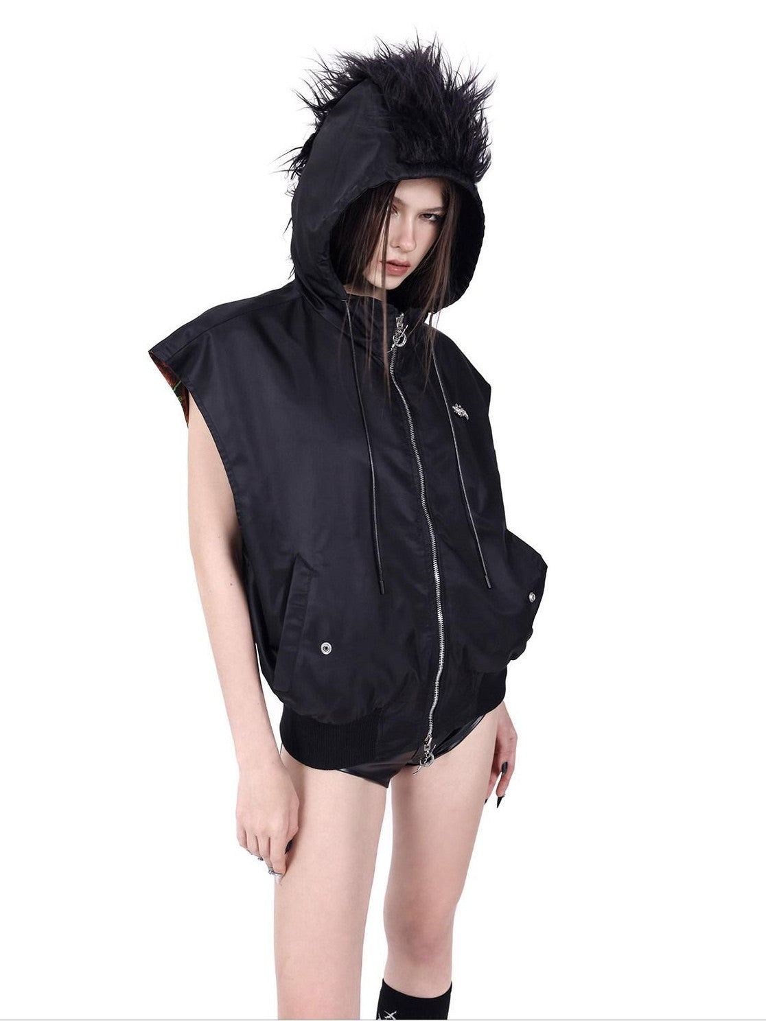 PINKSPINK Flame Cat Mohawk Reversible Rock Punk Women's Polyester Hooded Zipper Vests