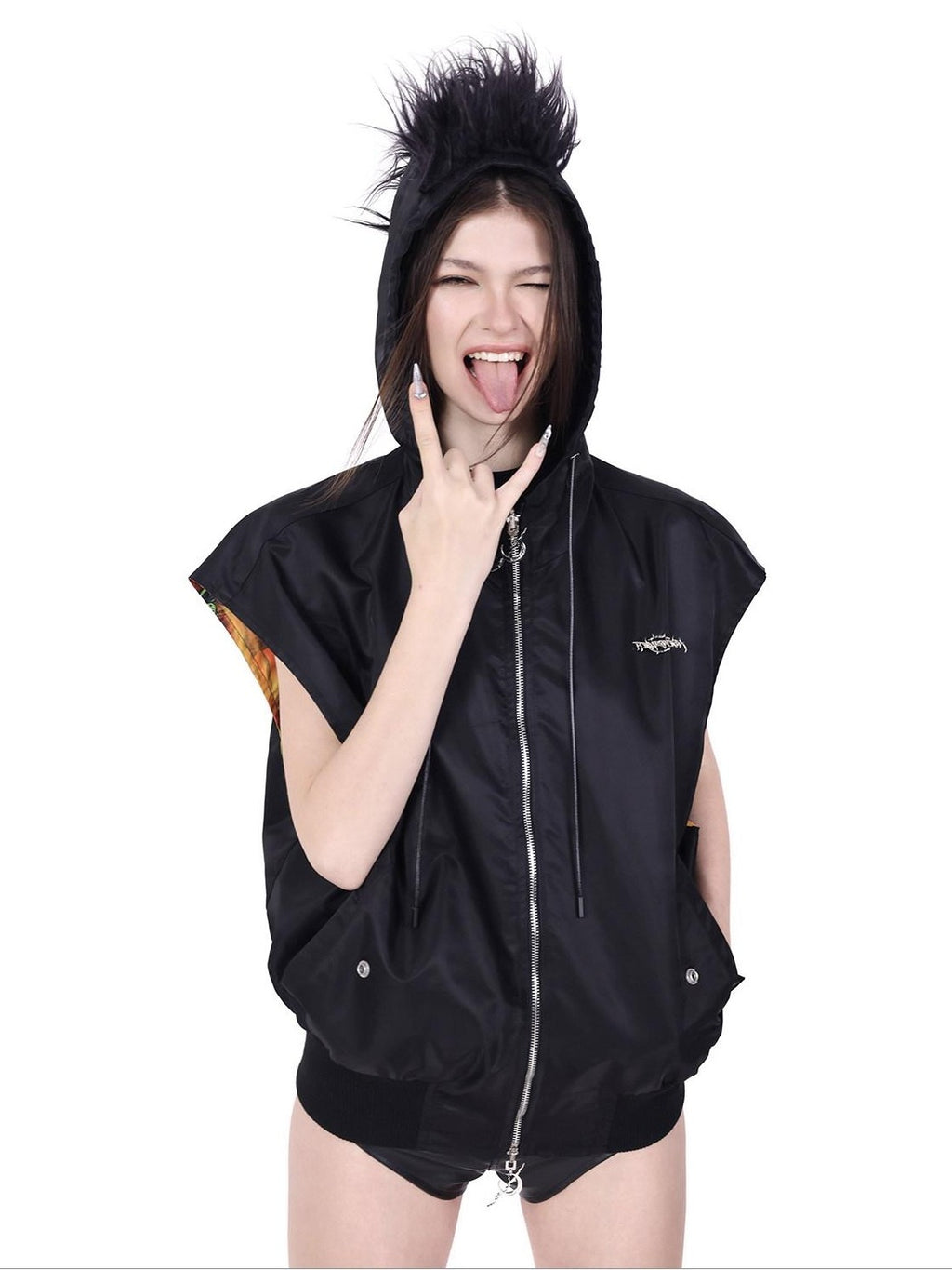 PINKSPINK Flame Cat Mohawk Reversible Rock Punk Women's Polyester Hooded Zipper Vests