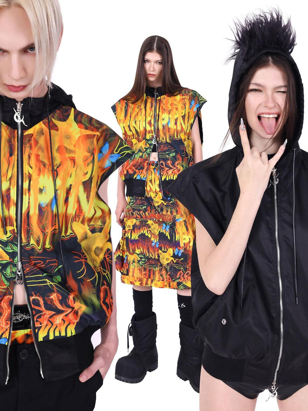 PINKSPINK Flame Cat Mohawk Rock Punk Reversible Hooded Women's Polyester Vests