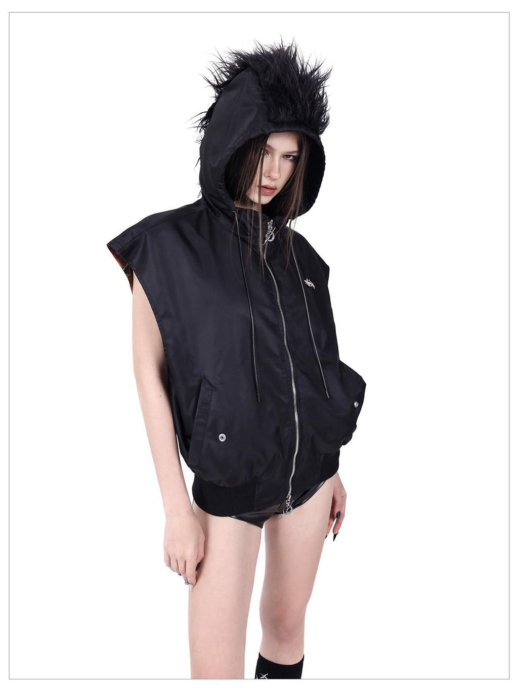 PINKSPINK Flame Cat Mohawk Rock Punk Reversible Hooded Women's Polyester Vests