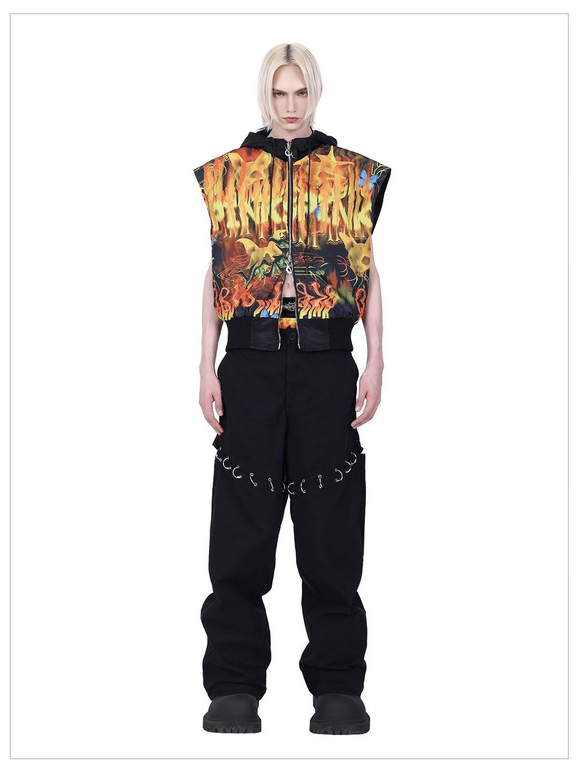 PINKSPINK Flame Cat Mohawk Rock Punk Reversible Hooded Women's Polyester Vests