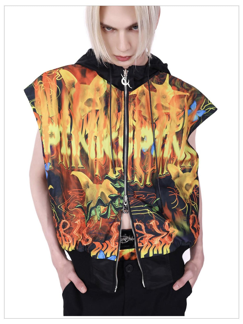 PINKSPINK Flame Cat Mohawk Rock Punk Reversible Hooded Women's Polyester Vests