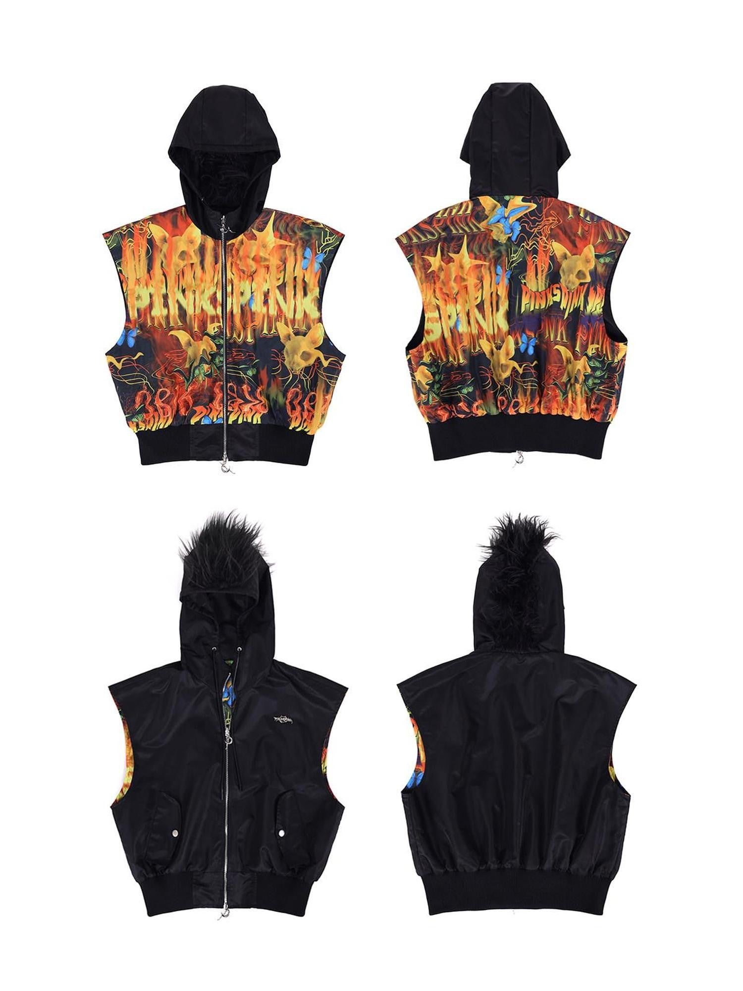 PINKSPINK Flame Cat Mohawk Rock Punk Reversible Hooded Women's Polyester Vests