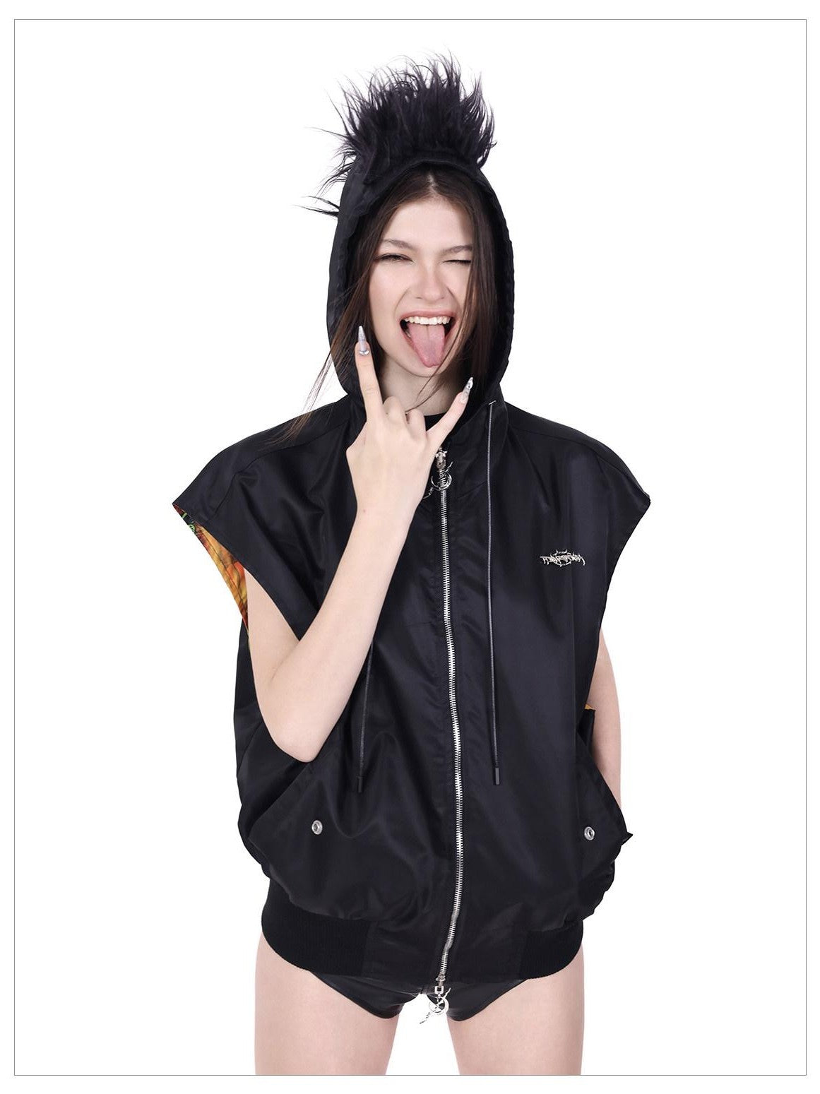 PINKSPINK Flame Cat Mohawk Rock Punk Reversible Hooded Women's Polyester Vests