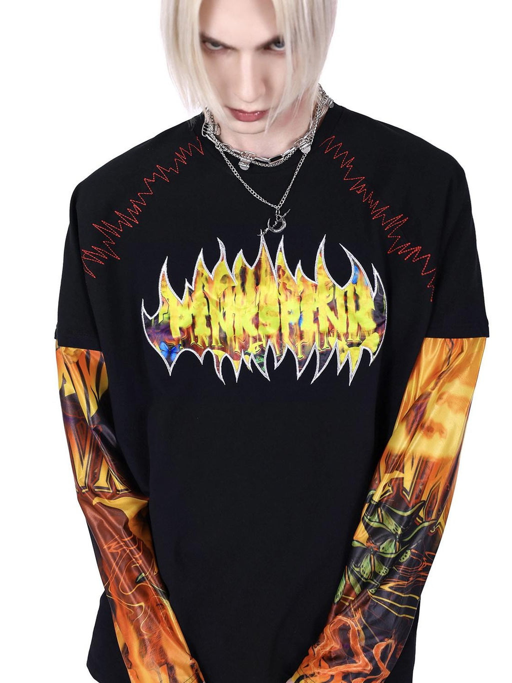 PINKSPINK Flame Cat Print Embroidered Patchwork Women's Long Sleeve T-shirts