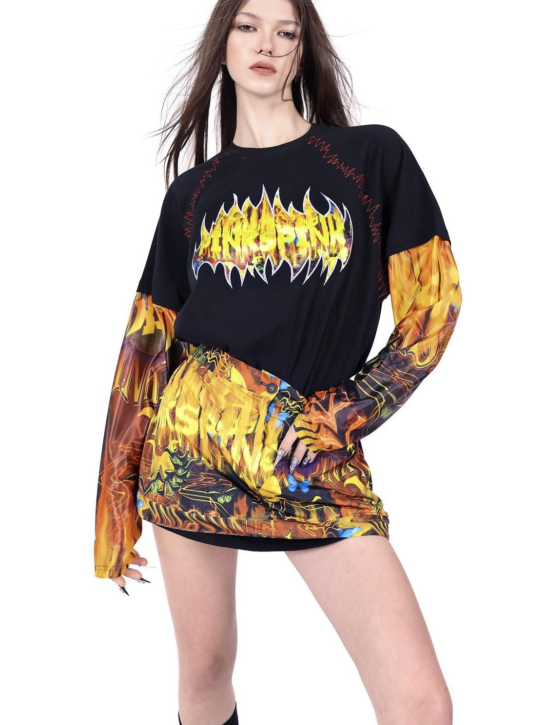 PINKSPINK Flame Cat Print Embroidered Patchwork Women's Long Sleeve T-shirts