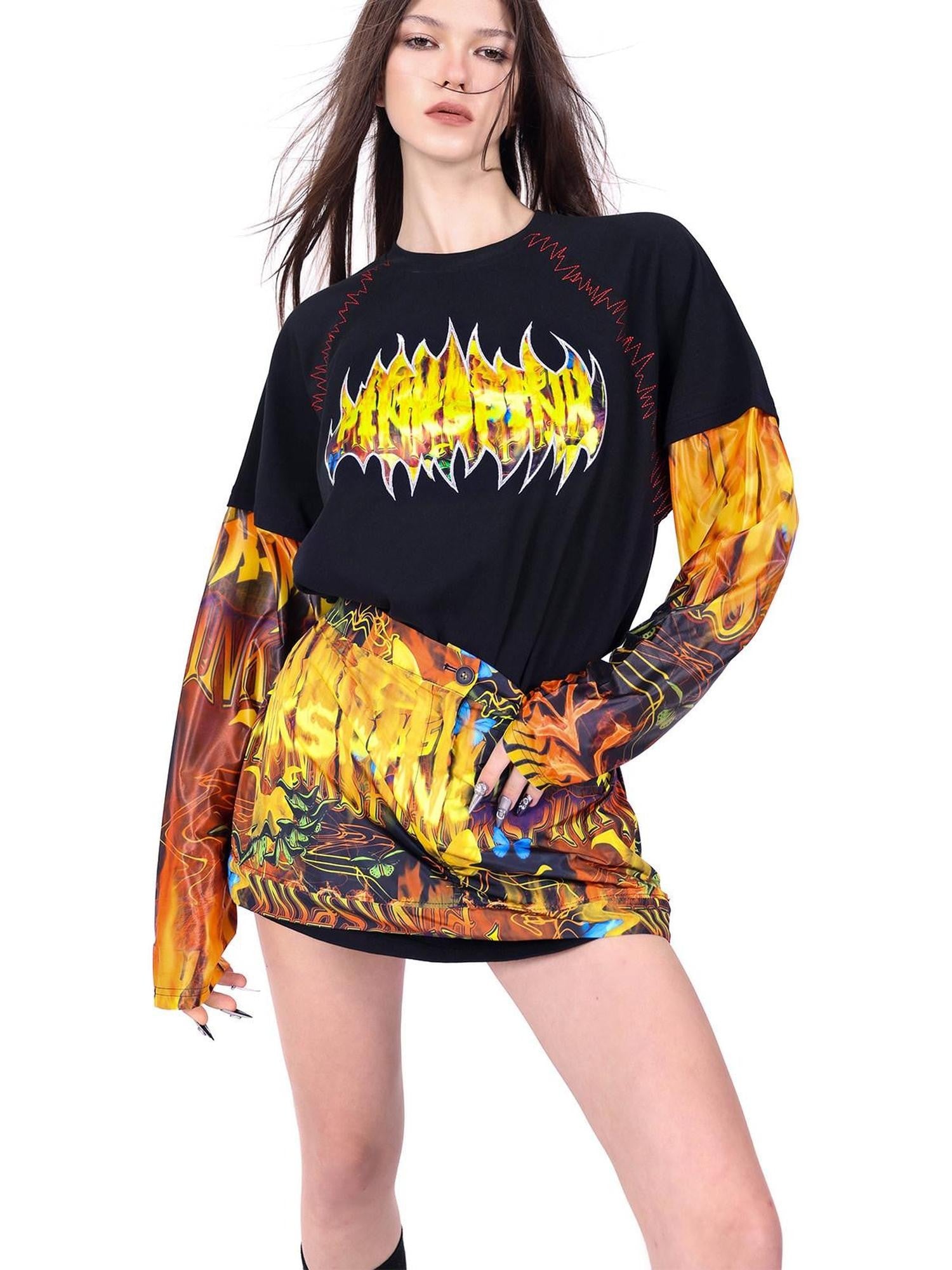 PINKSPINK Flame Cat Print Embroidered Patchwork Women's Long Sleeve T-shirts