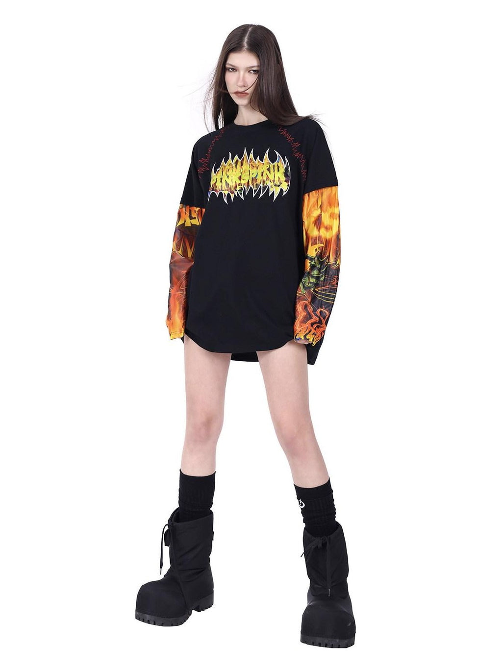 PINKSPINK Flame Cat Print Embroidered Patchwork Women's Long Sleeve T-shirts